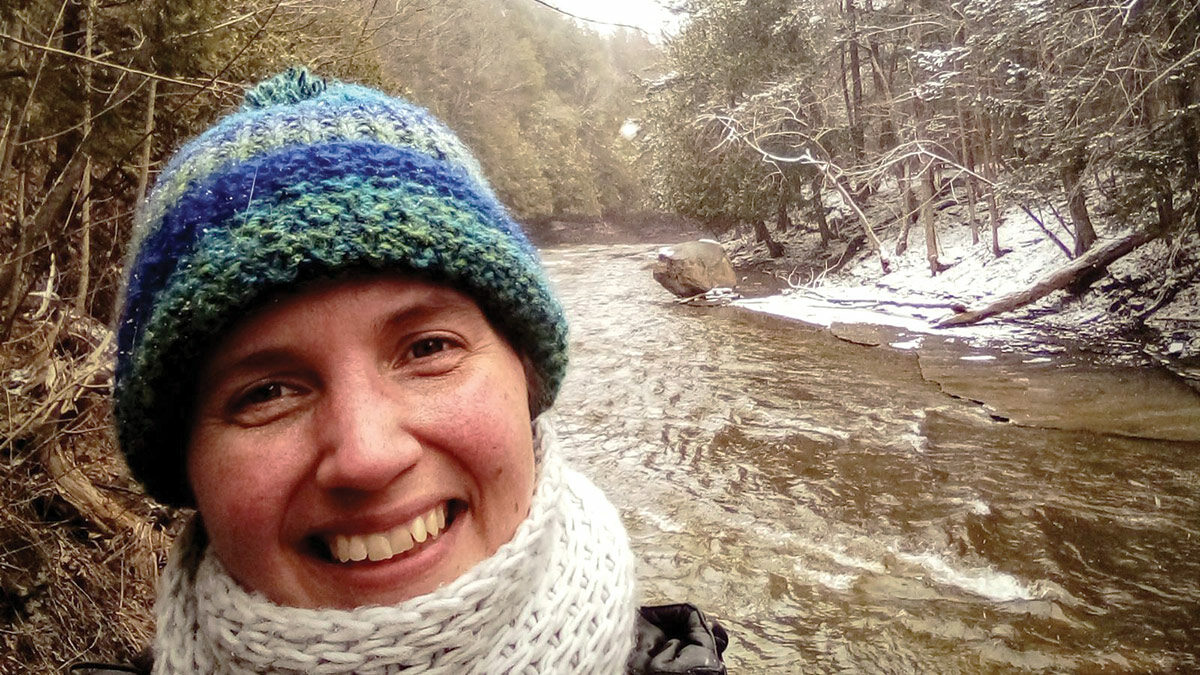 closeup selfie of Jenny Spencer on a winter hike